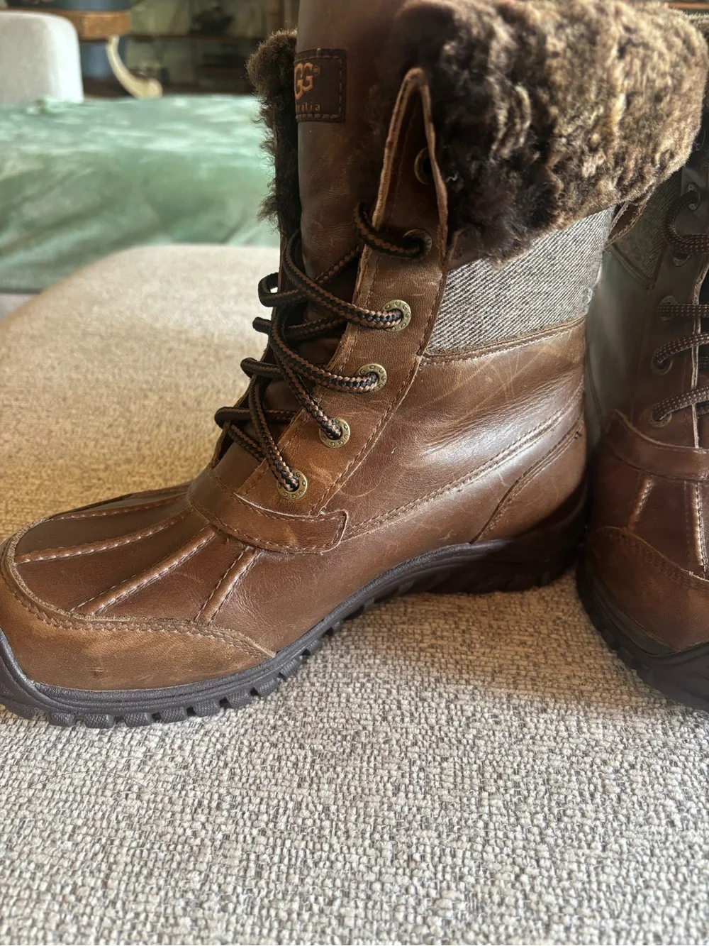 UGG Brown Leather Lace-Up Shearling-Trim Boots